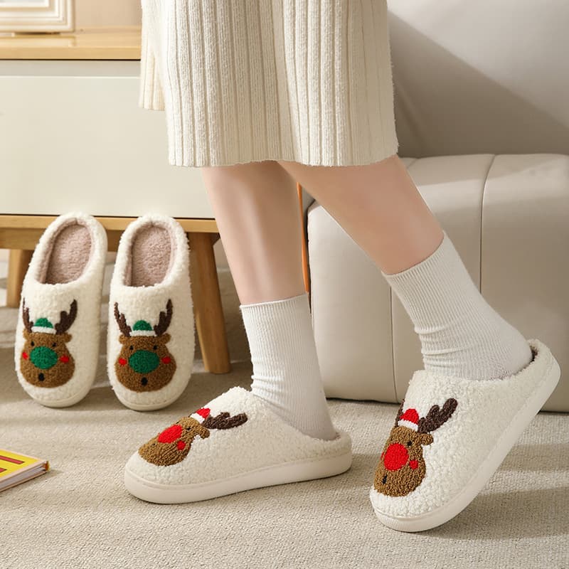 New Christmas Reindeer Cotton Slippers for Men and Women, Cute Cartoon Home Anti-slip Couples Indoor Plush Cotton Shoes
