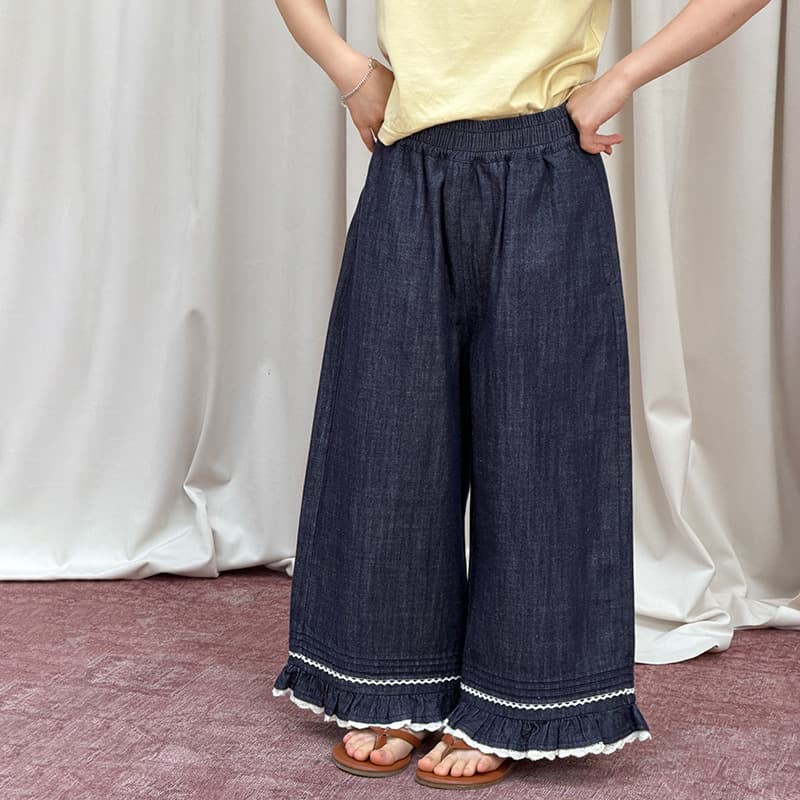 Aimobeibei Girls Summer Lightweight Draped Breathable Soft Stretch Gentle Style Korean Lace Trim Wide-Leg Jeans