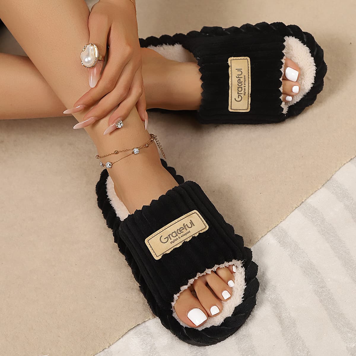 Furniture Cotton Shoes Indoor Open-Toe Four-Season Fuzzy Slippers Cross-border TEMU Anti-Slip Thick Sole Home Cozy Fluffy Cotton Slippers