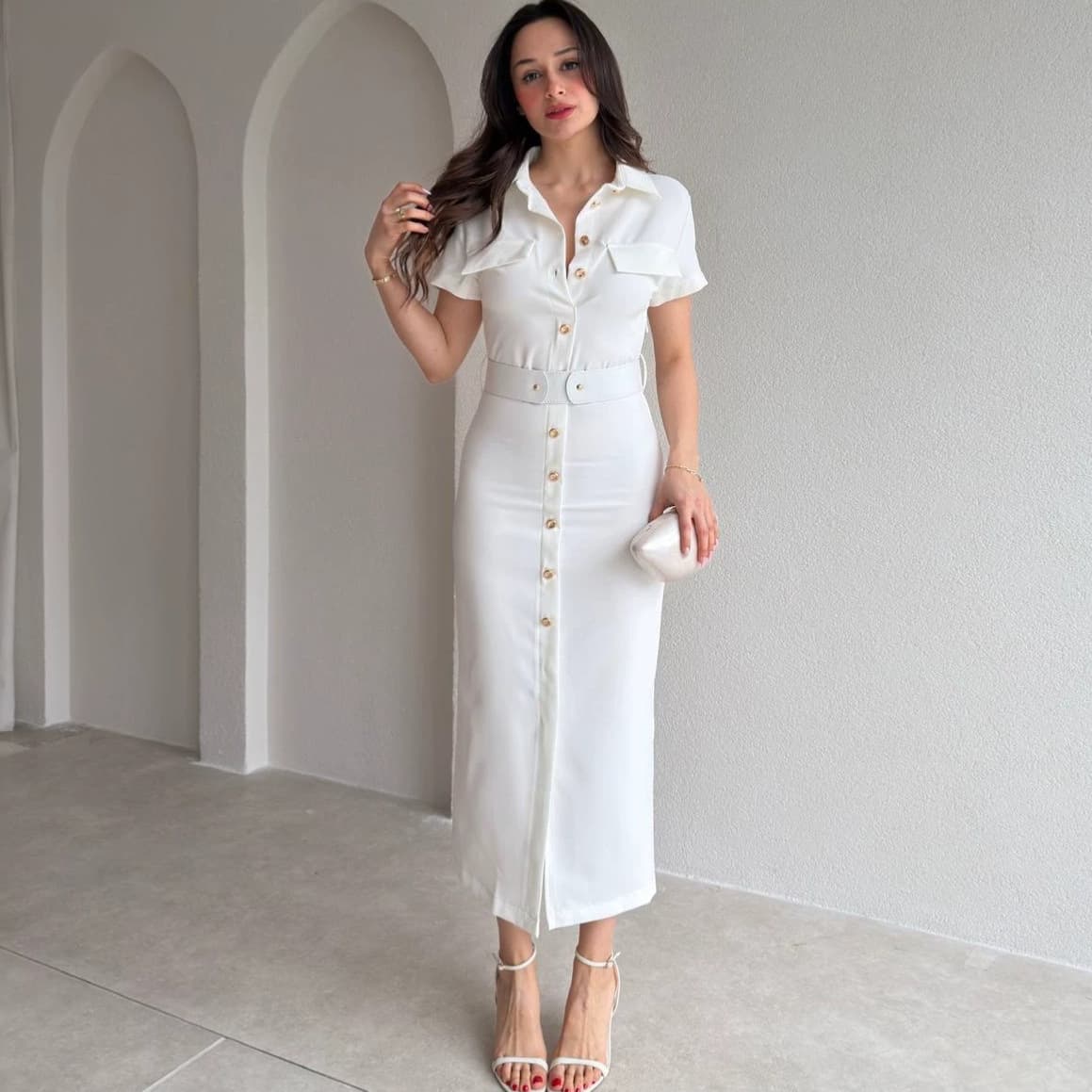 Cross-border European and American fashion 2026 spring and summer new dress V-neck short-sleeved temperament cardigan breasted belt long skirt