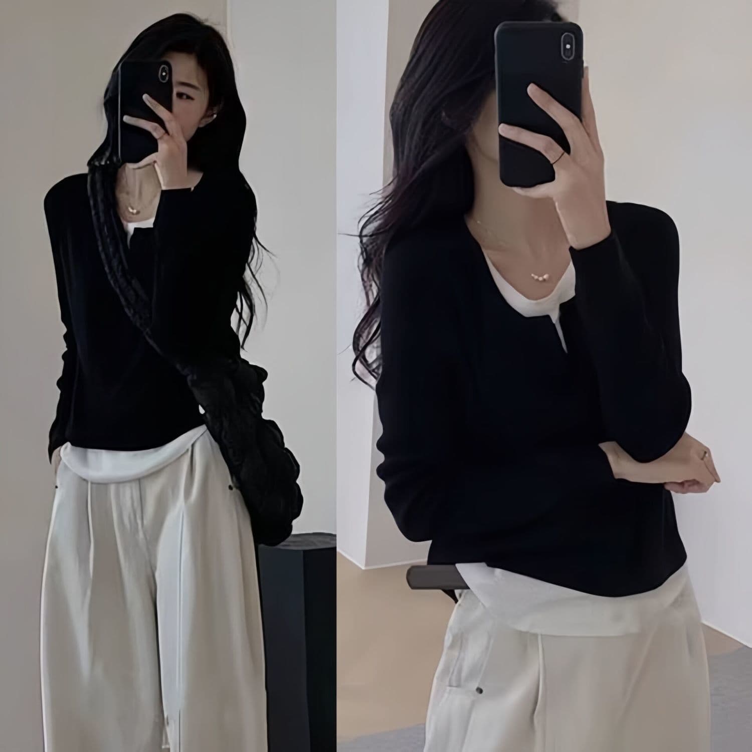 French Unique and Distinctive Fake Two-Piece Long Sleeve Velvet Women's Autumn and Winter Style Fashion Color Block Design Sense Inner Wear Base Layer