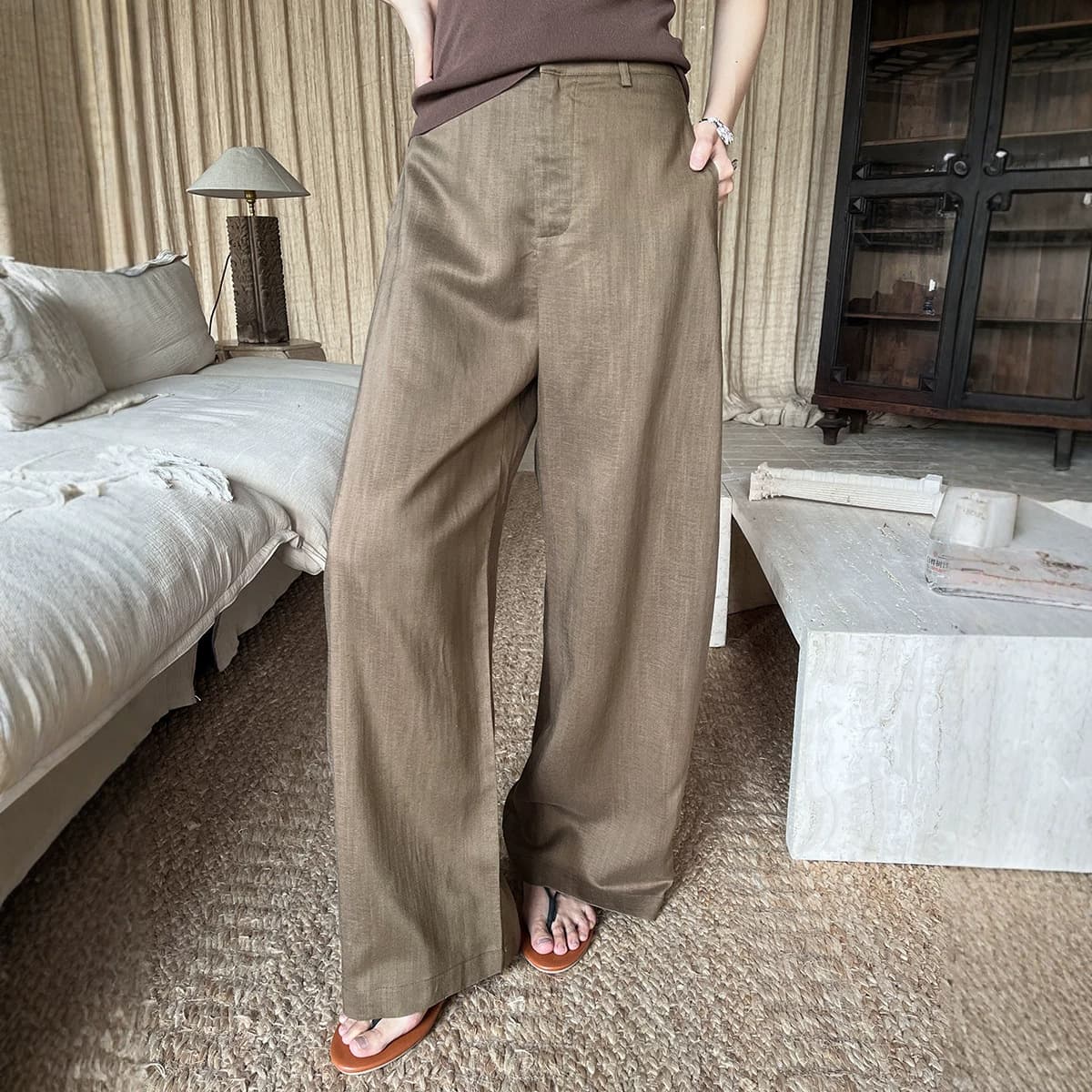[First Batch] Thirteen Lines Summer Relaxed Old Money Style Rayon Linen Sculpted Curved Blade Loose Wide-Leg Pants for Women KA288