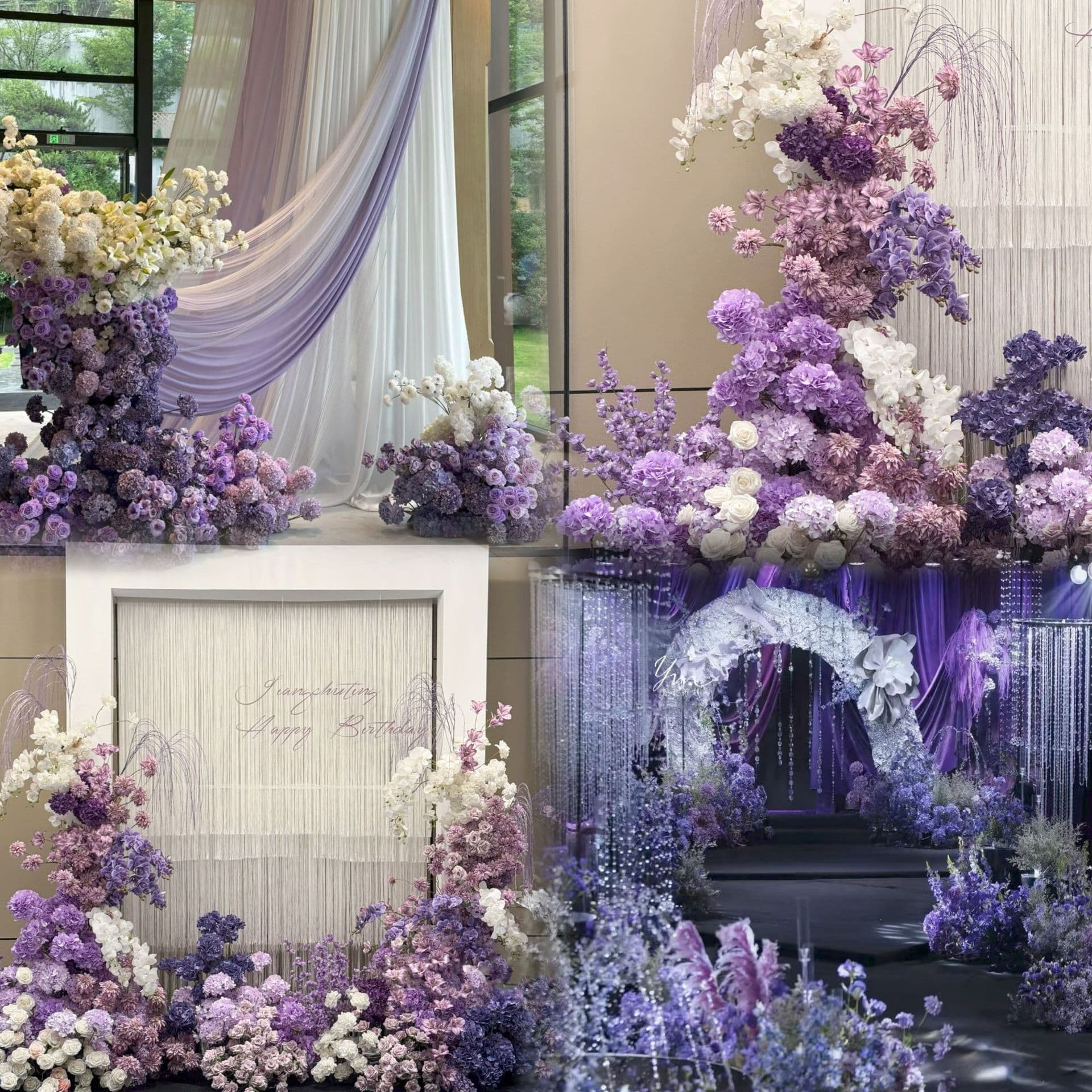 Purple artificial flowers for wedding scene decoration, wedding hall flower arrangements, purple fake flowers