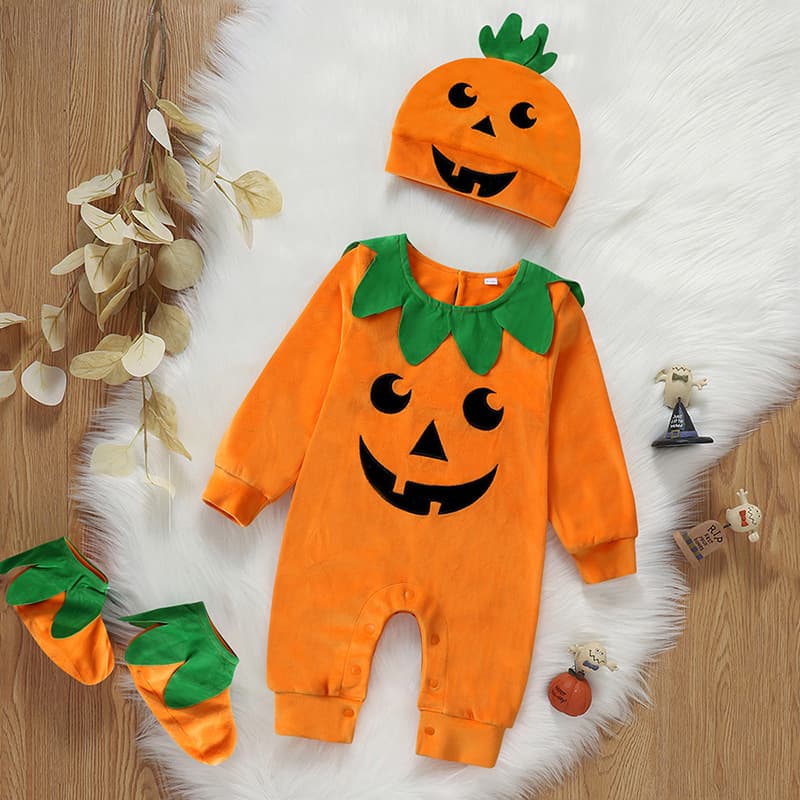 Halloween new baby jumpsuit, autumn and winter baby pumpkin hat, long-sleeved crawler suit, three-piece set of baby clothes