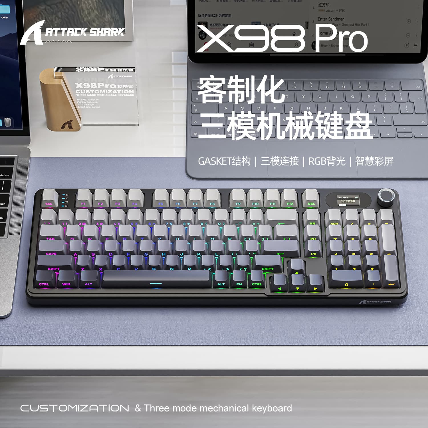 Attack Shark X98 Pro Tri-Mode RGB Wireless Keyboard Side-Printed with Screen Custom Gaming Mechanical Keyboard