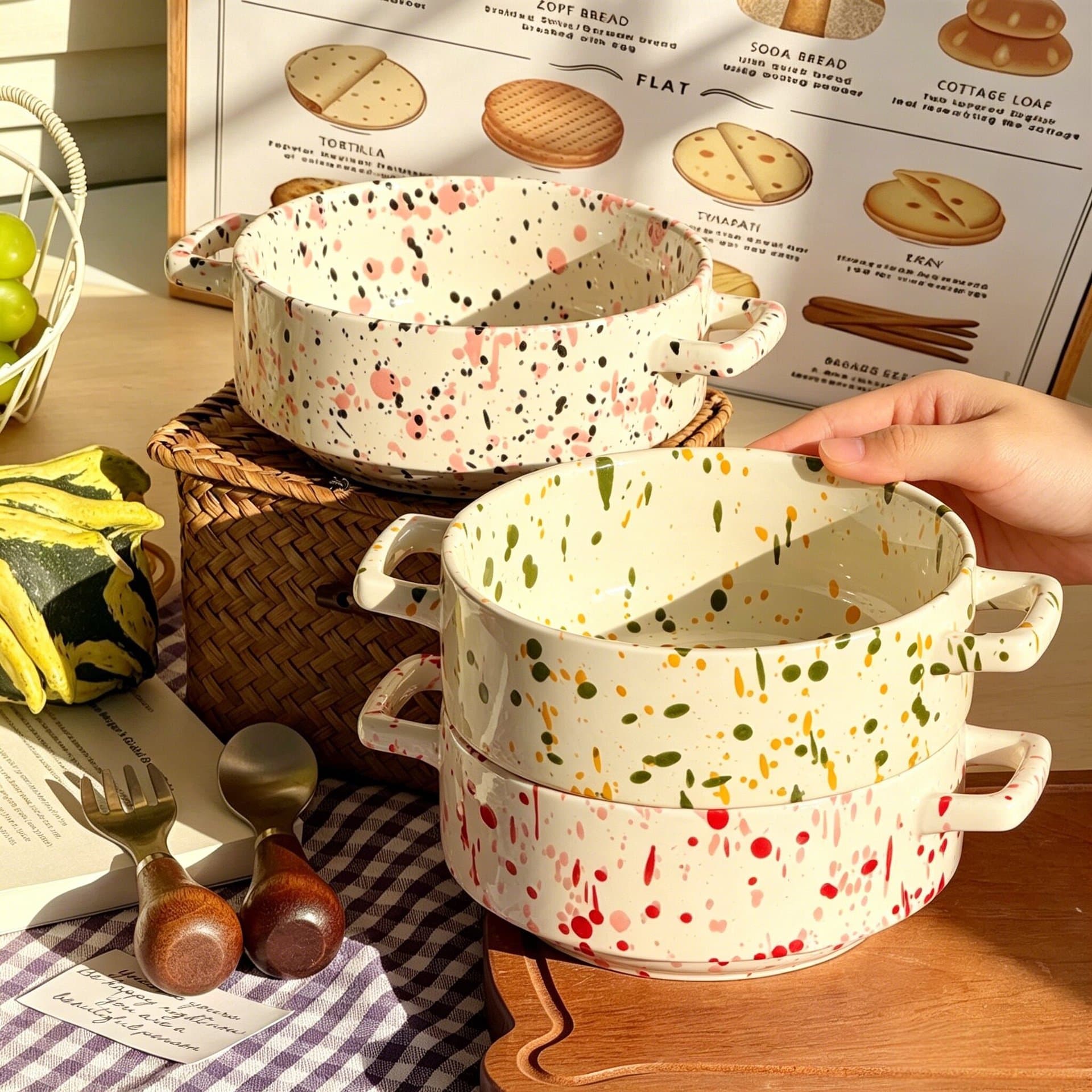 Splashed Ink Ceramic Noodle Bowl Premium Double-Handle Instant Noodle Bowl Rice Bowl Luosifen Bowl Soup Bowl Fruit Salad Bowl