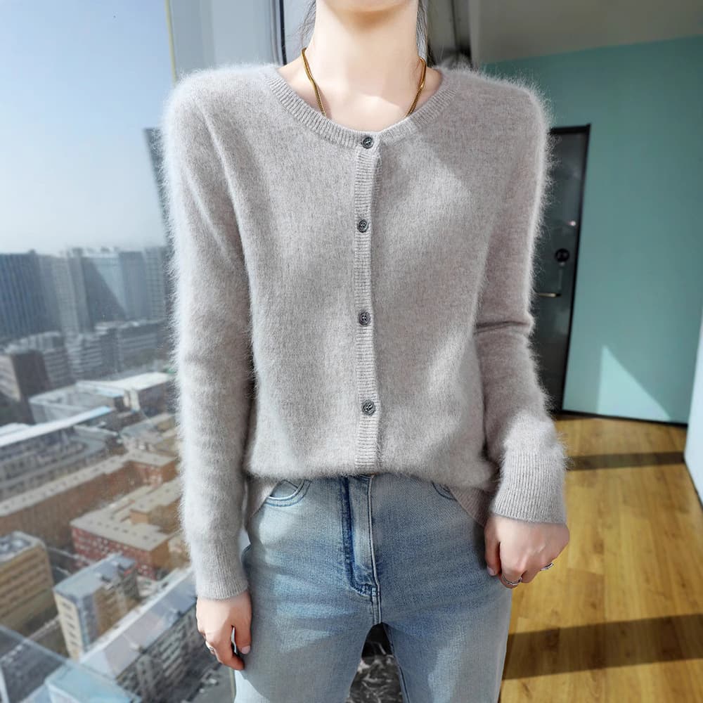 Women's Mink Fur Sweater Outerwear 2025 Spring/Autumn Round Neck Loose Button-Down Solid Color Short Wool Knit Cardigan Coat
