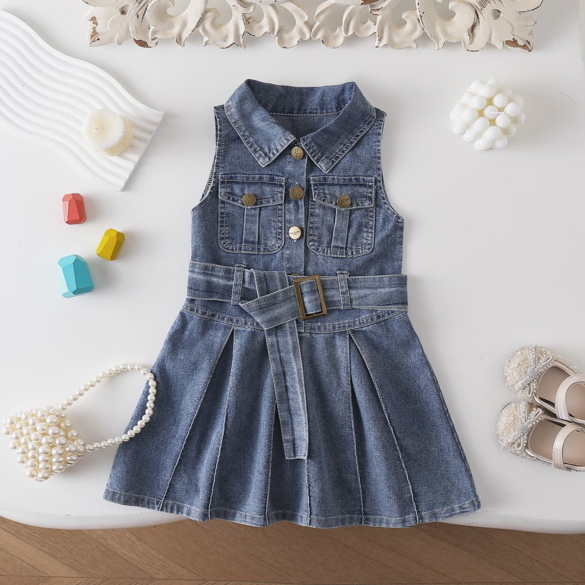 6602 girls' sleeveless denim dress summer new Korean-style children's lapel waist-cinching vest dress with belt included