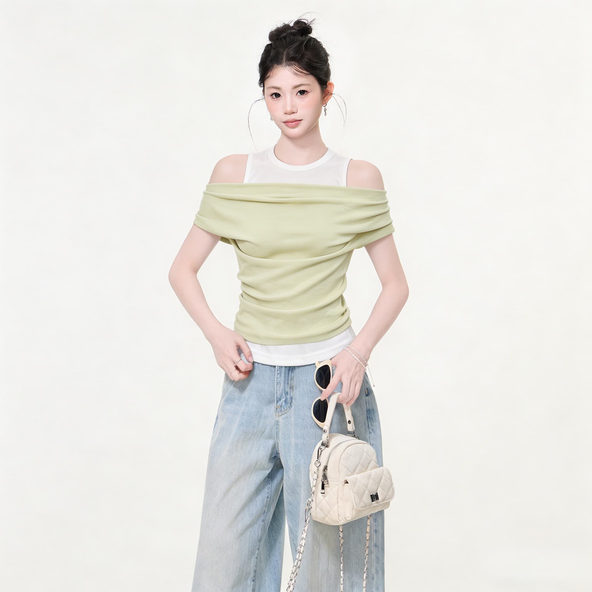 Korean-style Green Two-tone Off-shoulder Short-sleeve T-shirt for Women, 2026 Summer Slim-fit Design Top
