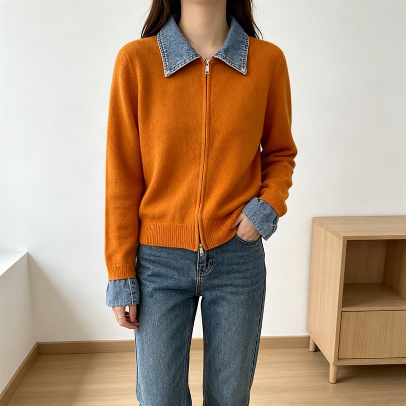 Notched Lapel Long-Sleeve Denim Patch Double-Zip Knit Cardigan Women's Fall Winter New Lazy Style Versatile Faux Two-Piece Sweater