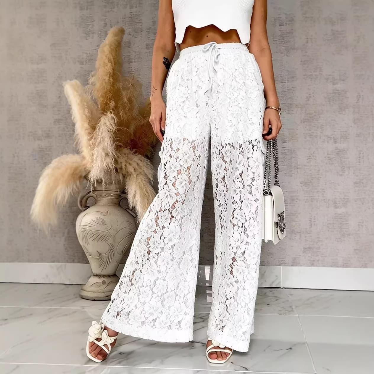 2026 Cross-Border European and American Foreign Trade Russian Women's New Spring and Summer Casual Long Pants Wide-Leg Straight Lace Hollow-Out Pants
