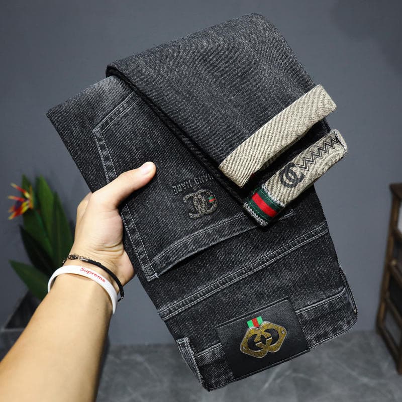 Autumn Thick Jeans Men's Slim-Fitting Nine-Point Pants 2024 New Spring and Autum Trendy Black Casual Pants