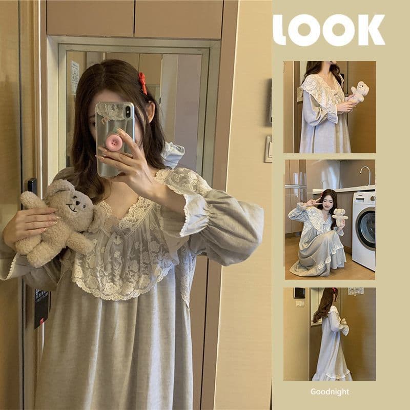 New 100% cotton nightgown for women, spring and autumn long sleeves that can be worn outside, princess style winter student dress, home wear