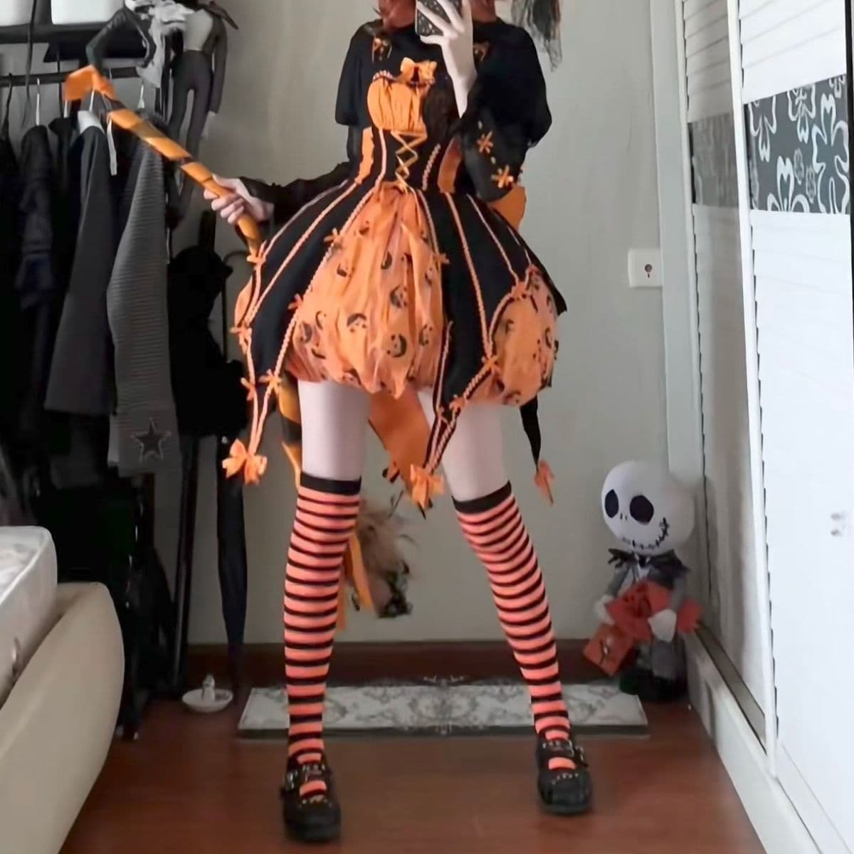 Halloween Over-the-Knee Socks Striped Black and Orange Trendy Ins Style Versatile Japanese Long Socks for JK Girls