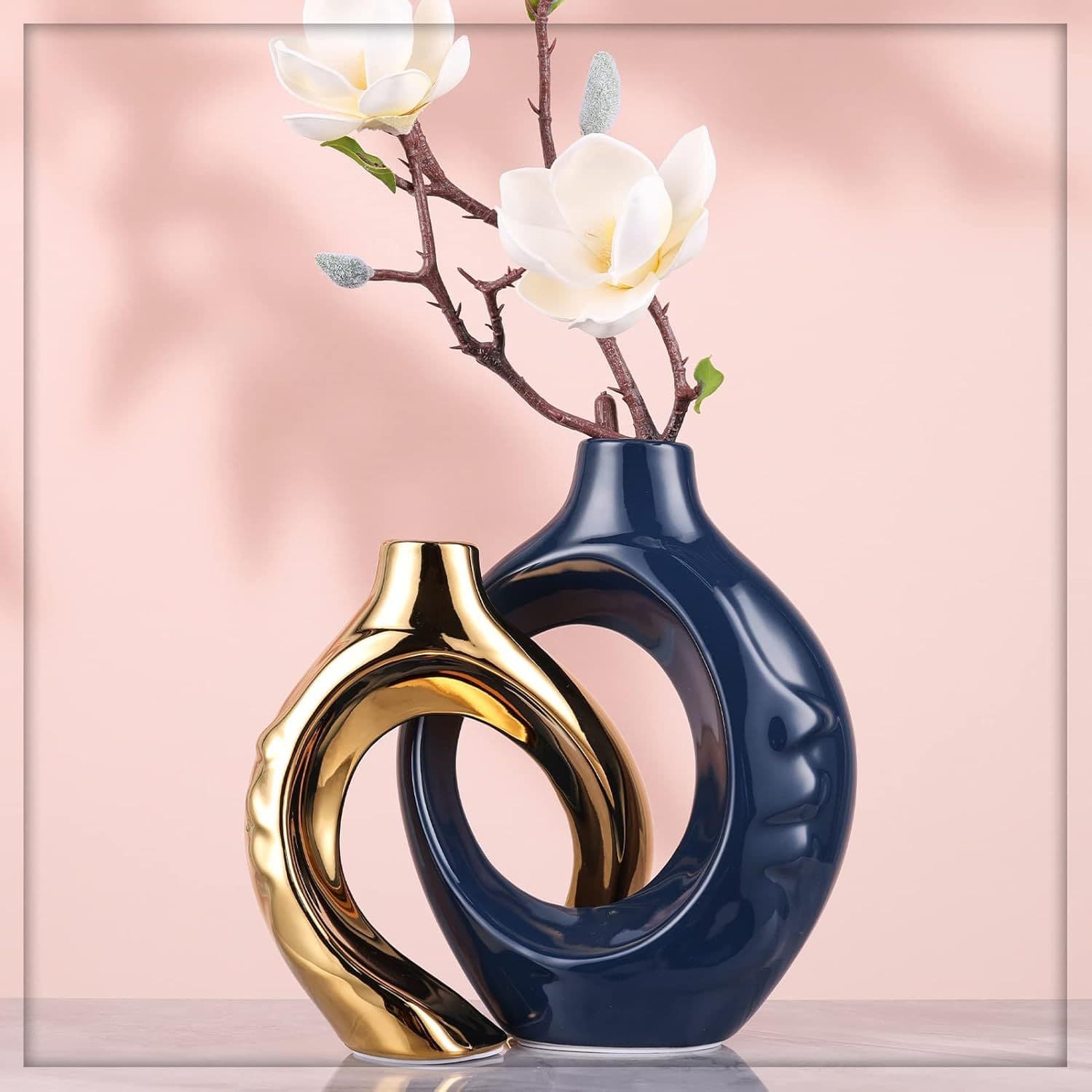 Navy blue ceramic vase with gold pattern modern home decoration flower ornaments
