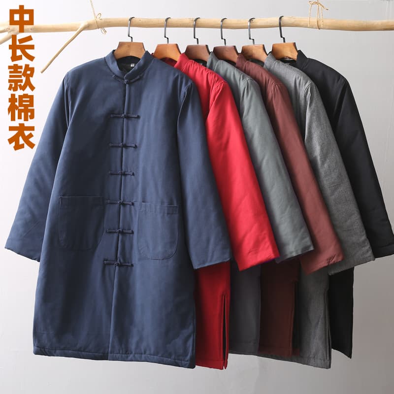 Chinese style mid-length cotton coat men's coat thickened warm cotton coat Chinese retro windbreaker robe layman's coat cotton jacket