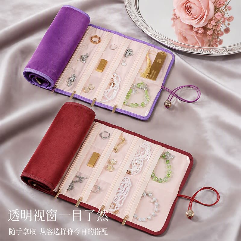 Light luxury partitioned jewelry storage bag, travel jewelry scroll storage bag, travel earrings and necklace storage box