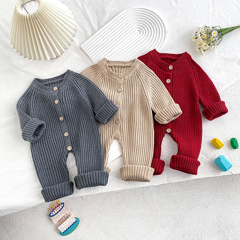 Baby Knitwear Jumpsuit for Autumn and Winter, Stylish Solid Color Sweater for Infant Boys and Girls