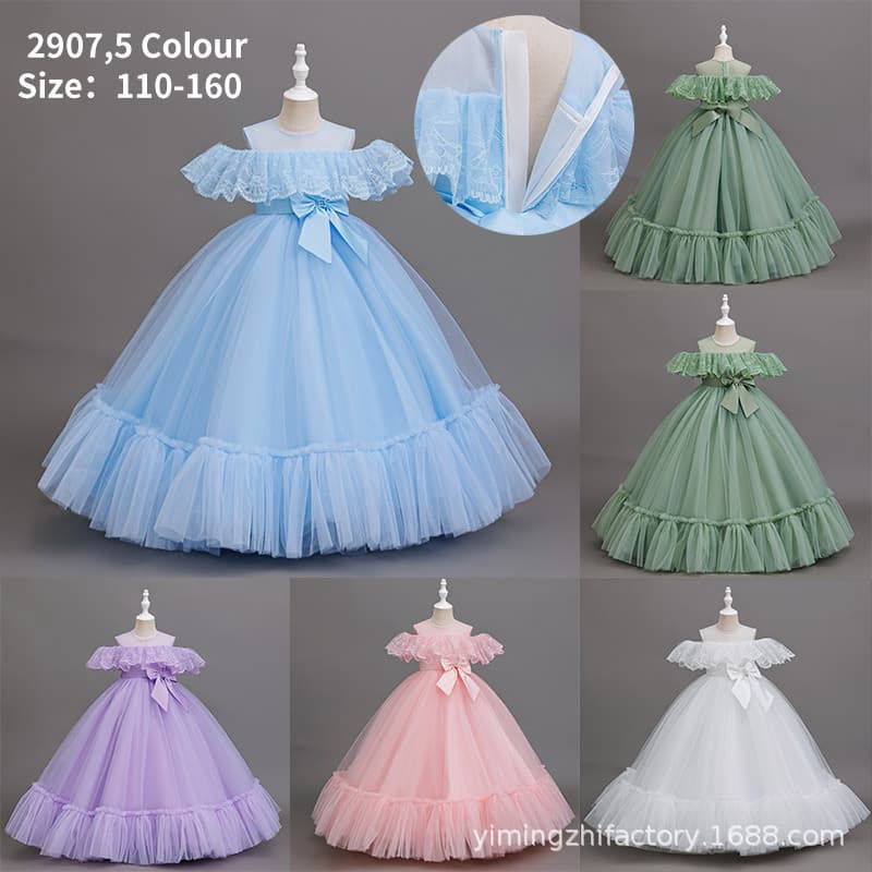 Cross-border Girls Formal Dress Off-shoulder Lace Patchwork Long Tulle Children Princess Dress Flower Girl Dress Wholesale Stock
