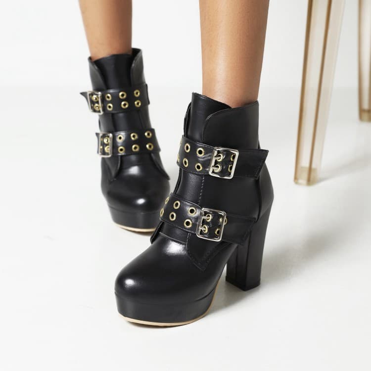 British Style Belt Buckle High Heel Roman Ankle Boots White Short Boots Chunky Heel High Heel Martin Boots Plus Size Ankle Boots