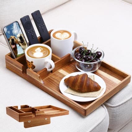 Wooden sofa armrest table foldable household breakfast plate with water cup groove snack fruit plate sofa tray table