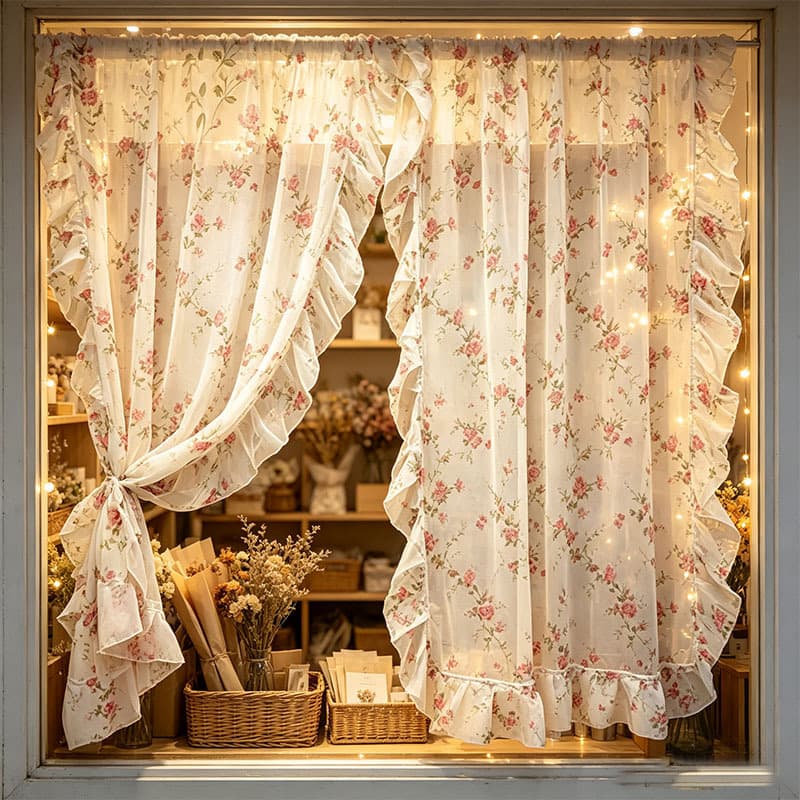 Pink Rose Floral Terry Sheer Curtain with Double-Sided Ruffled Trim, Long Curtain for Rustic Bedroom Bay Window Decoration