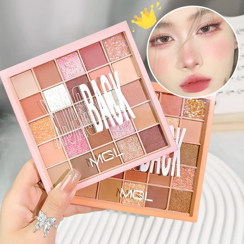MGL Playful 25-Color Eyeshadow Palette: Earth tones, pearl, matte, shimmer, glitter, niche, everyday shades, multiple colors, easy to apply.