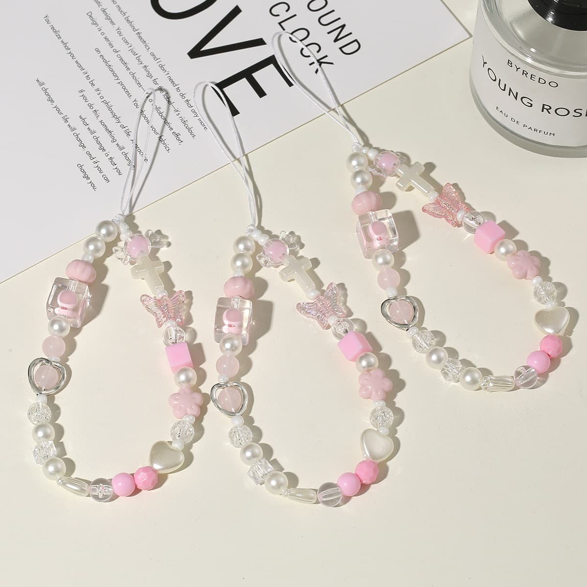 Pink Sakura Metal Heart CCD Camera Wrist Strap DIY Beads Phone Chain Lanyard Phone Case Charm Gentle