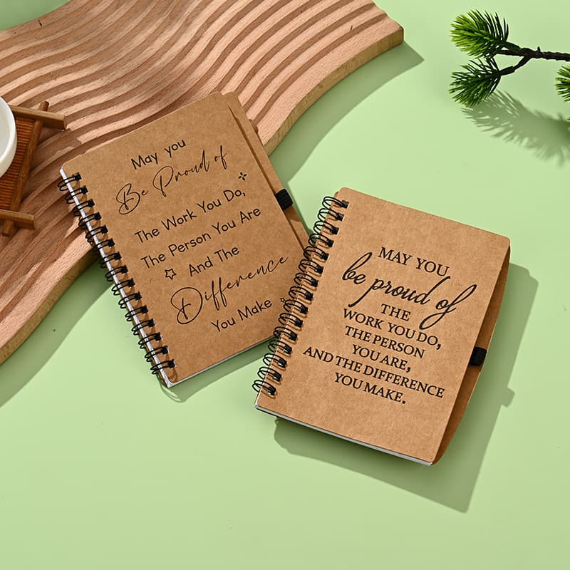 Custom retro kraft paper spiral notebooks, minimalist double-line loose-leaf pads with pen holder, made-to-order