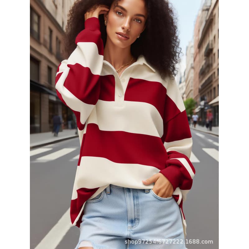New European and American Cross-Border Loose Striped Contrast Collar Sweatshirt for Women, Long Sleeve, Fashionable, Casual, Versatile Top