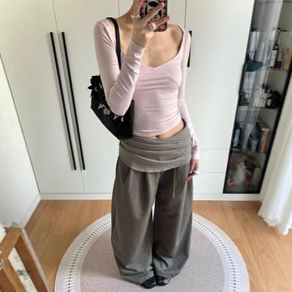 American retro pleated crotch-blocking casual pants for women spring new design butt curtain splicing machete wide-leg banana pants