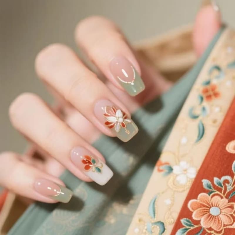 Handmade Wearable Nails Spring Summer Chinese Style Floral French Gel Nails Premium Ins Whitening Chinese Traditional Nail Art