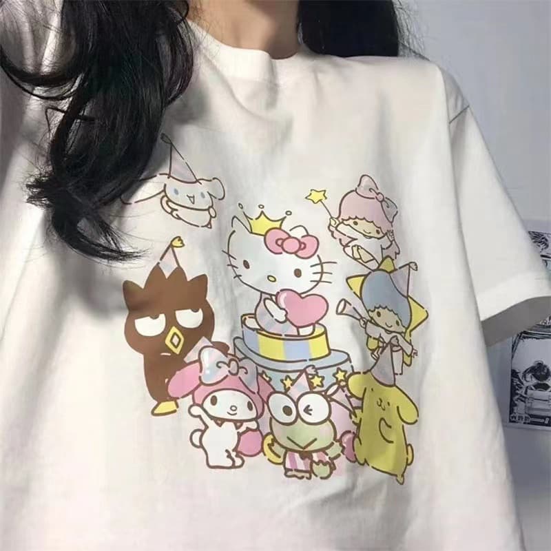Japanese-style cute Sanrio cartoon creative design, adorable minimalist short-sleeve T-shirt for women, summer couple tee