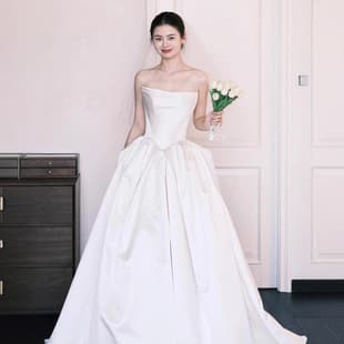 French Vintage Light Wedding Dress Strapless Satin High-End Bride White Gown Engagement Reception Train Dress for Women