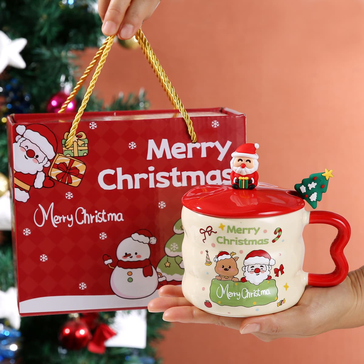 Cross-border Christmas Ceramic Mug with Lid Cartoon Couple Cup Large Capacity Holiday Gift Souvenir Coffee Water Cup
