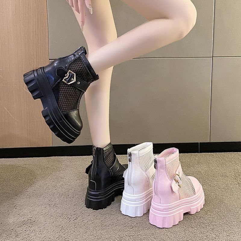 Thick-Soled Martin Boots for Women, Summer 2025 New Style, Thin Mesh Breathable White Short Boots, Versatile with Inner Heel Lift and Cool Boot Design