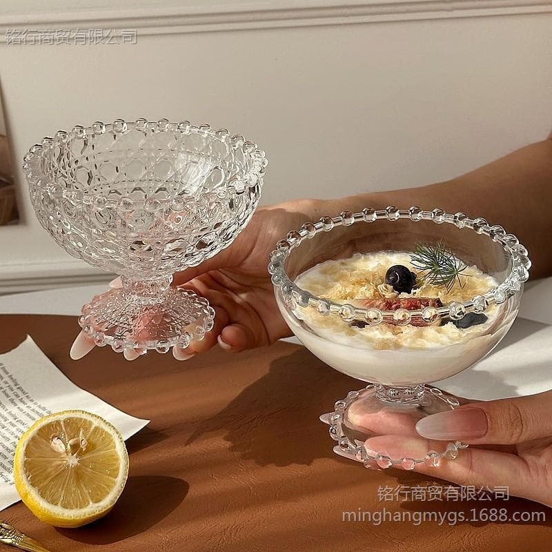 Niche bead-rim short-footed dessert bowl ice cream ice cream bowl sugar water bowl glass juice cold drink bowl dessert bowl