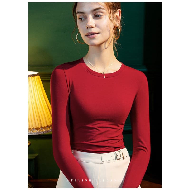 Women's Premium Solid Casual Versatile Top, Spring/Autumn Round Neck Base Layer, Slim Long Sleeve Slimming T-Shirt