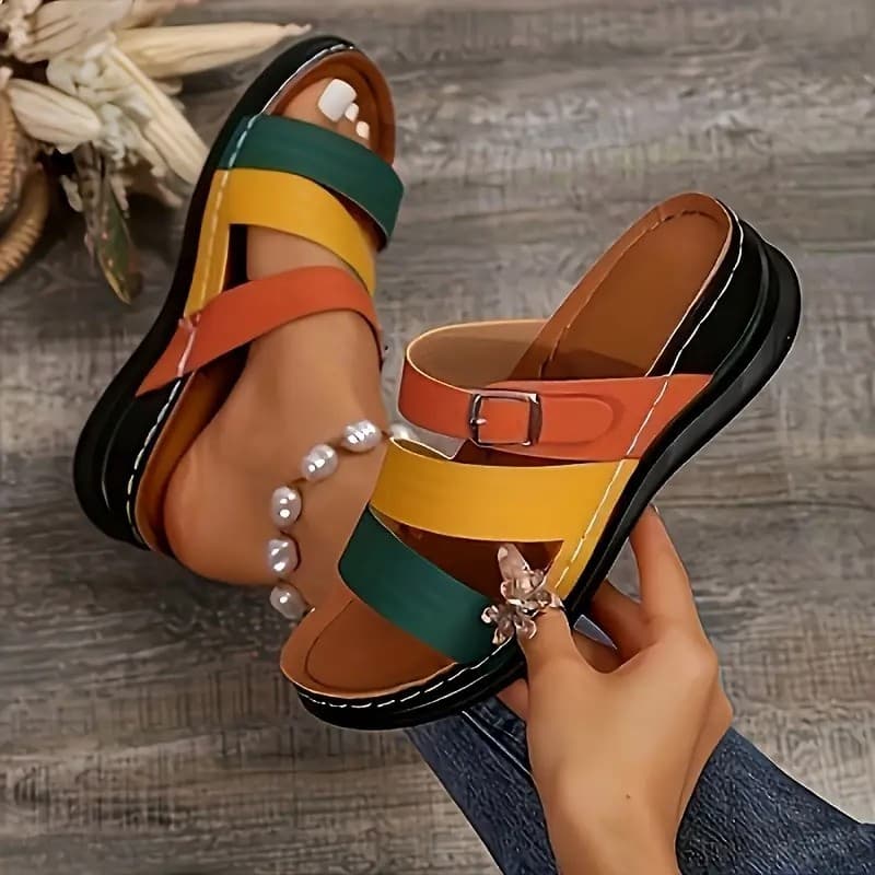 European and American Large Size One-Line Beach Slippers Color Matching Thick-Soled Sandals for Women 2025 Summer New Open-Toe Wedge Slippers
