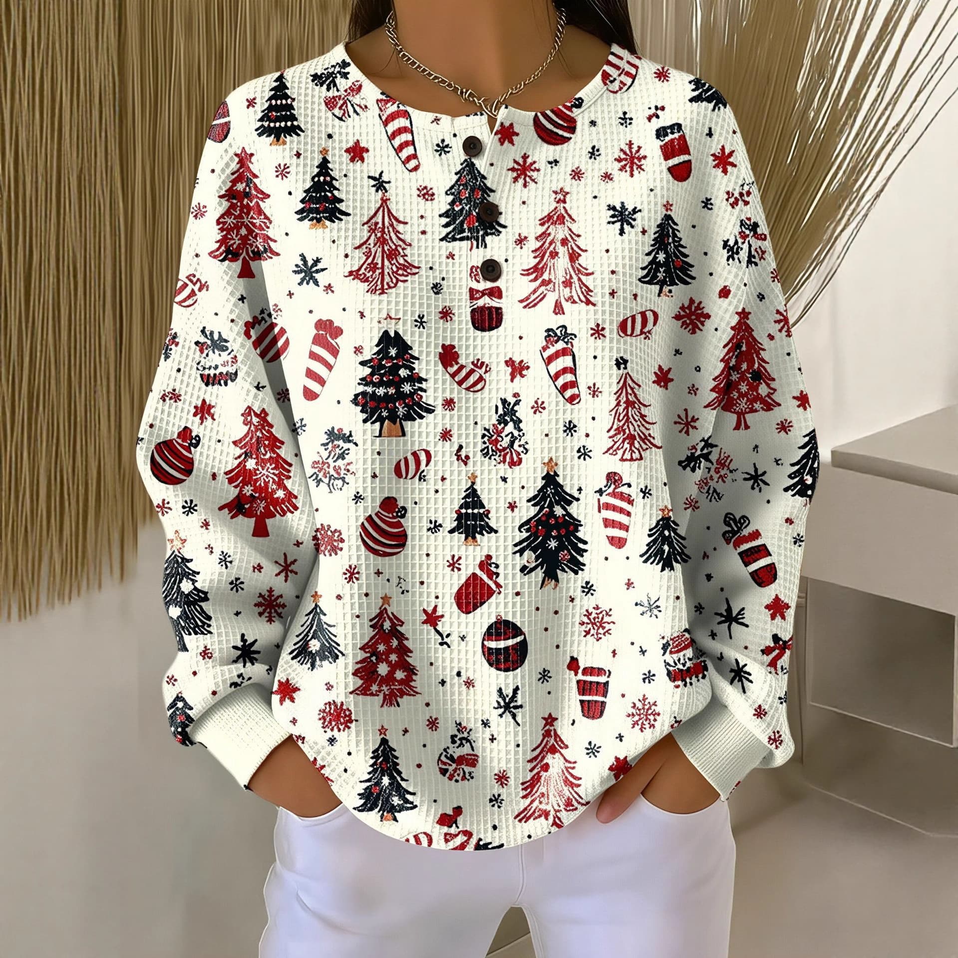 25 Amazon Independent New Arrival Retro 3D Digital Print Three-Button Stand Collar Polo Sweatshirt Women's Clothing--Waffle Knit