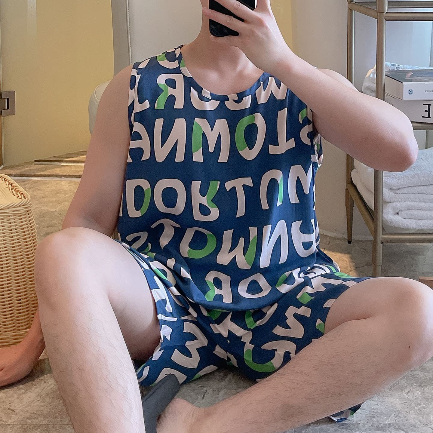 Summer Cotton Silk Sleepwear Men's Vest and Shorts Set Thin Sleeveless Plus Size Wearable Outdoors Cotton Silk Home Clothes