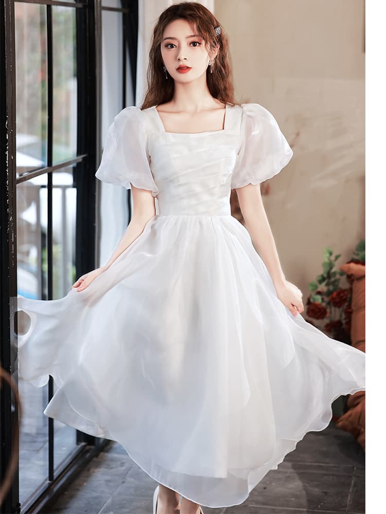 White Fairy Style Dress for Wedding Registration, Daily Wear, Art Exam, Graduation, French Style Petite Banquet Evening Gown