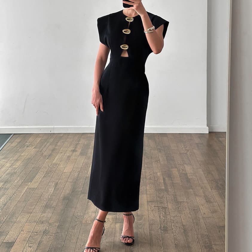 2026 Summer European and American Clothing Black Suit Skirt Design Waist Hollow Commuting Temperament Dress High-end
