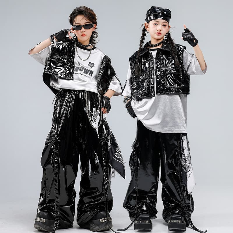 Kids Hip Hop Dance Outfit Set, Streetwear for Boys and Girls, Black Leather Vest, Performance Costume for Catwalk