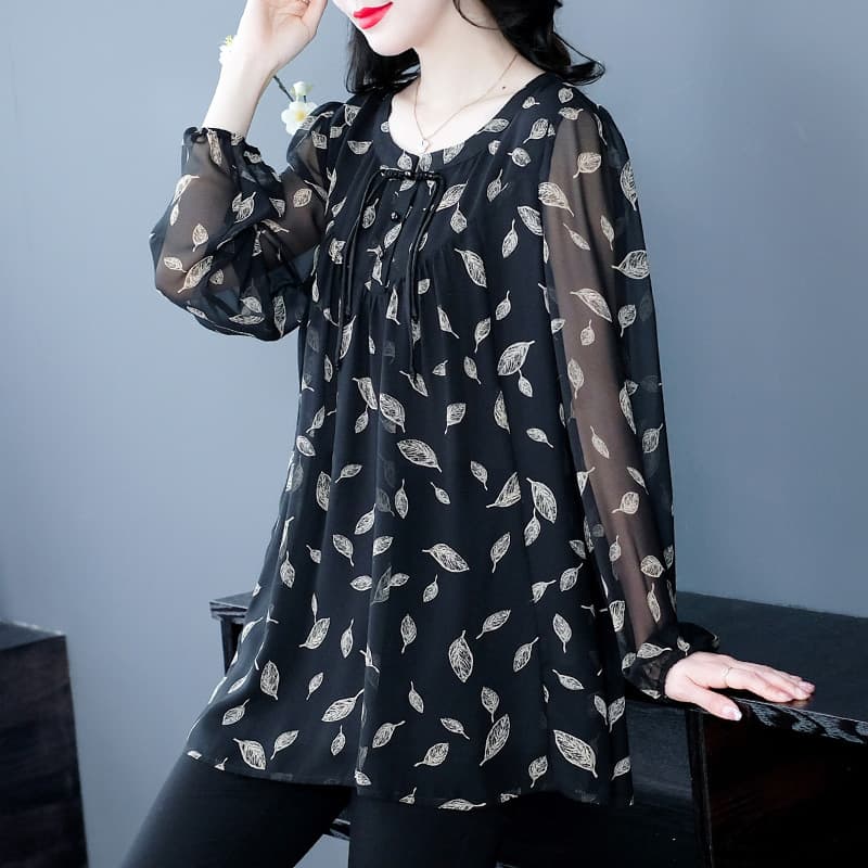 Stylish early autumn leaf shirt long sleeve loose plus size fat MM chiffon top fashionable mom middle-aged/elderly women's clothing