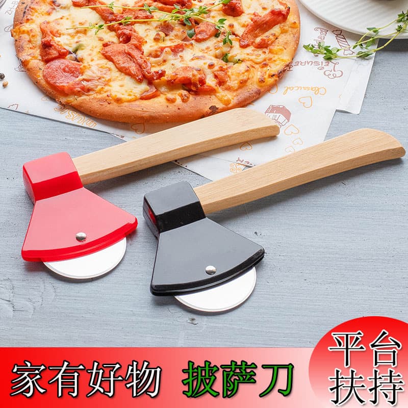 Factory Direct Pizza Cutter Wood Handle Bamboo Handle Ax Head Stainless Steel Roller Pizza Cutter Flour Cutting Surface Interfac
