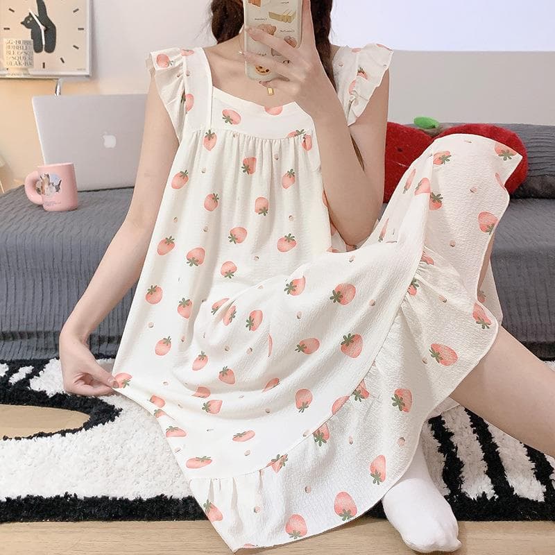 Factory wholesale 2025 summer sling bubble cotton nightgown women's woven thin sweet pajamas home wear skirt