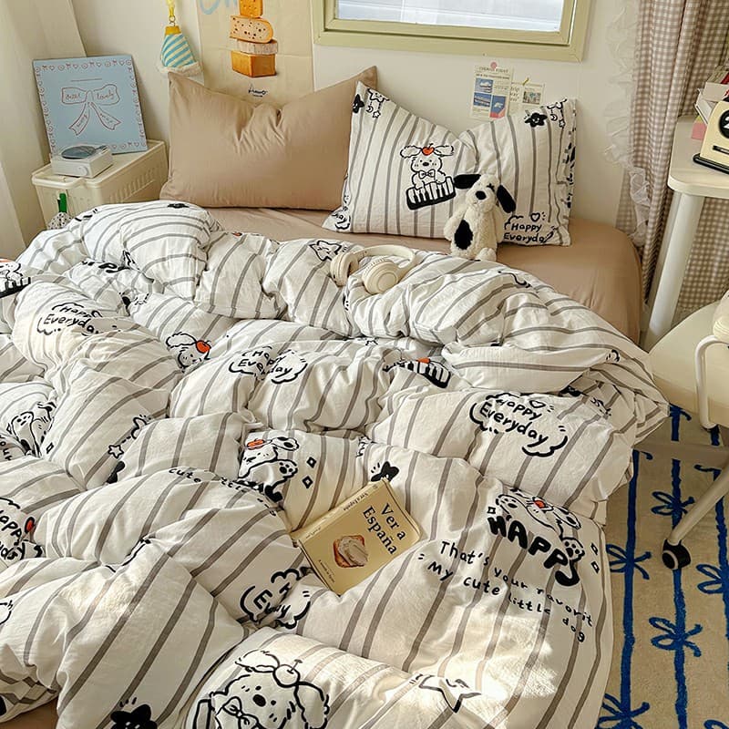 Cartoon Washed Cotton Bed Sheet Four-Piece Set Class A Mother and Infant Ins Cream Style Pure Cotton Fresh Bed Cover Bed Sheet Quilt Cover