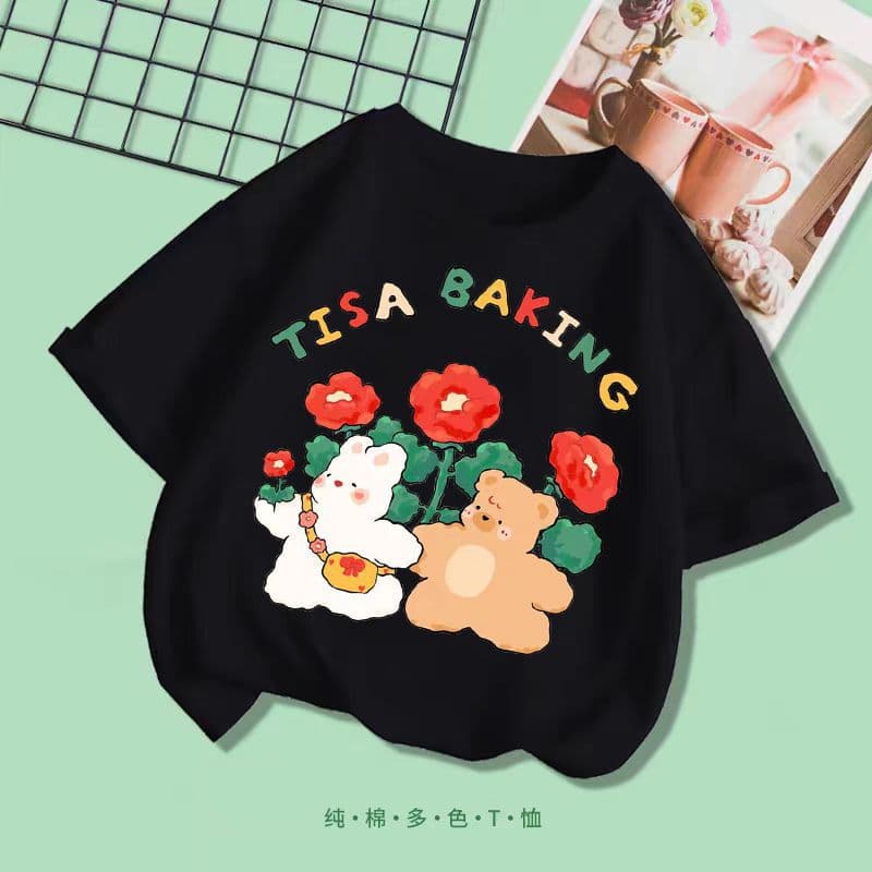 2026 new children's summer pure cotton fashionable girls short-sleeved casual middle and large children's printed round neck tops