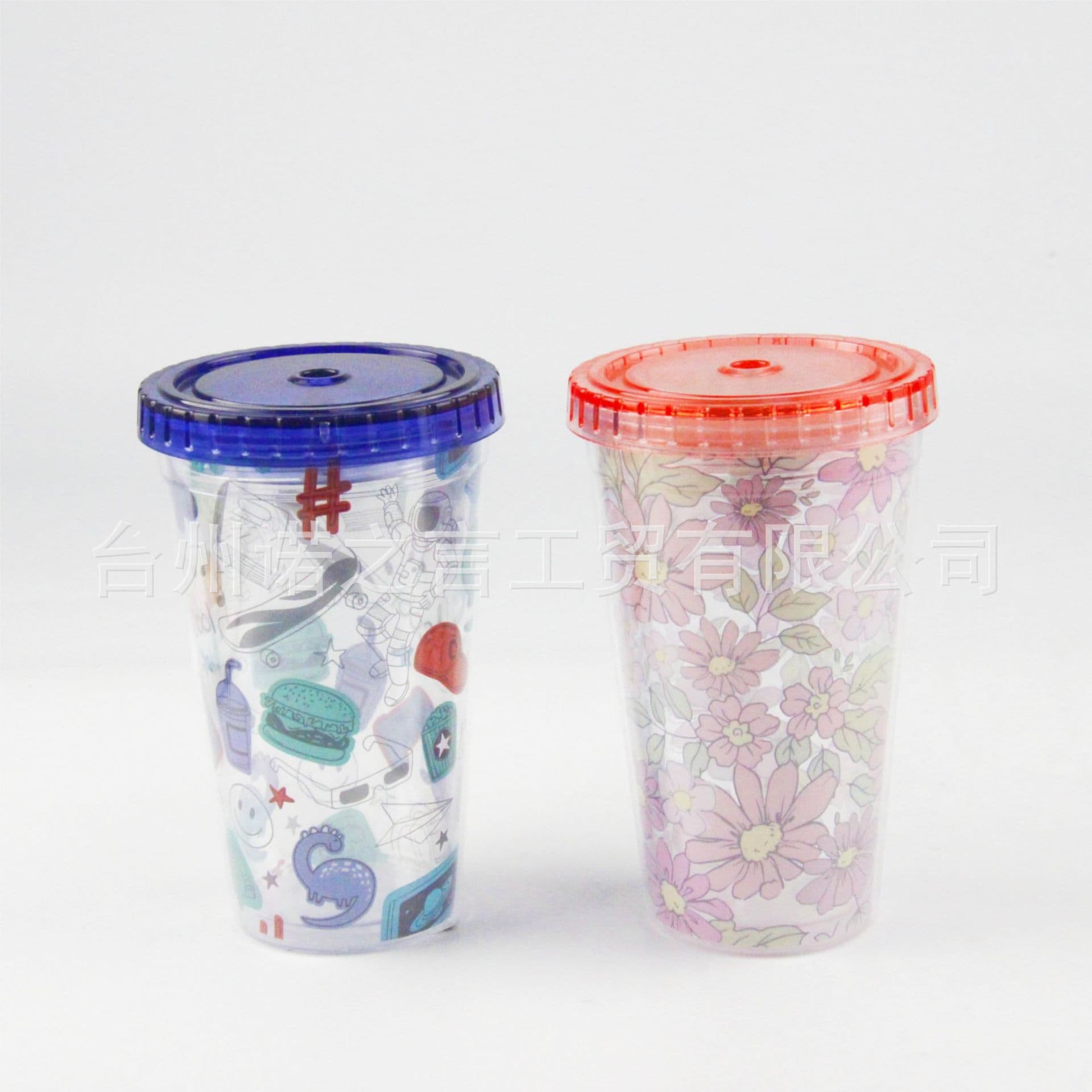 350ml double layer straw cup plastic water cup creative cartoon milk tea drink cup food grade ps wholesale